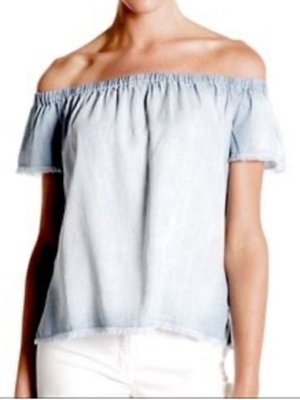 Cloth & Stone Light Blue Off-Shoulder Women's Top With Frayed Edges
